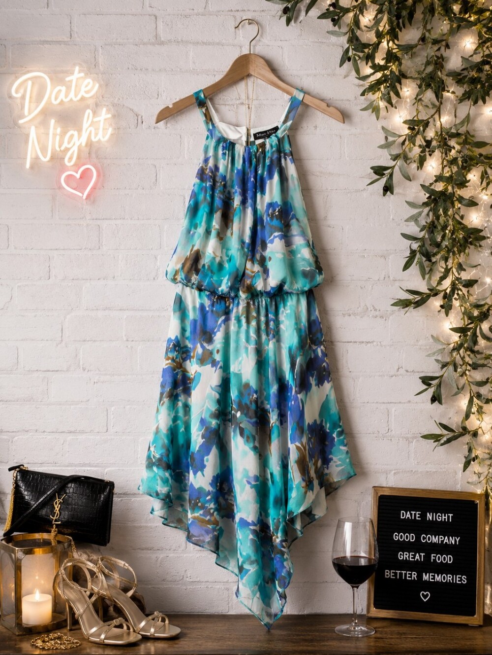 Michel Antoni Size 14: Watercolor Floral Halter Handkerchief Dress: Teal & Blue
